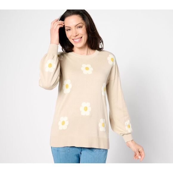 Belle by Kim Gravel Women's Top Sweater Sz M Oops a Daisy Balloon Brown A631883 - Picture 1 of 4